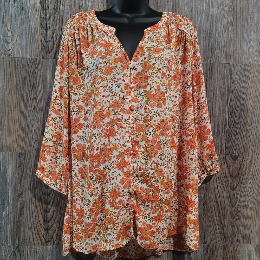 Rose & Olive Floral Blouse Plus Size 2X Orange Fall Colors 3/4 Slv Smocked Back